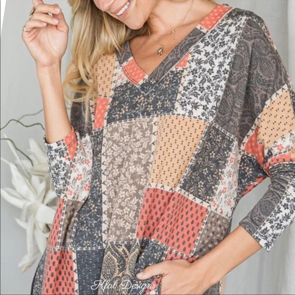 LAST 2! V Neck Patchwork Relaxed Fit Side Slit Detail Top! - Picture 5 of 8